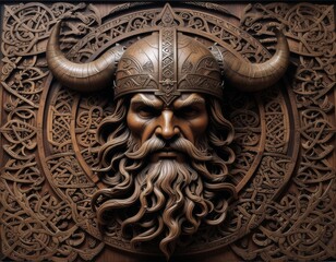 Odin wood carving portrait with one eye, Norse mythology