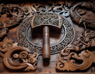 Thor&rsquo;s hammer Mj&ouml;lnir carved in wood, Viking ornament