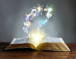 Glowing Book with Musical Notes and Symbols