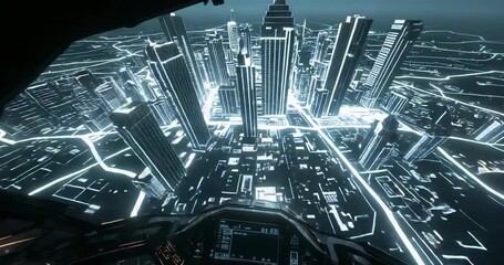 Camera descending inside ship cockpit over hologram city with lit grid roads and towers to navigate - Powered by Adobe