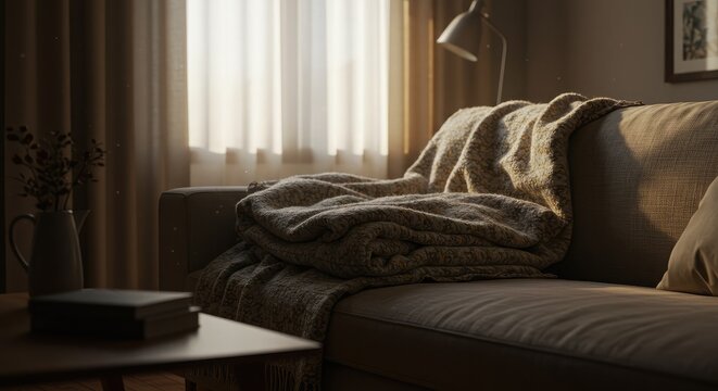 Cozy living room interior with a comfortable sofa, blanket, and soft lighting.