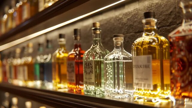 Row of assorted liquor bottles on a bar shelf with warm lighting, showcasing different shapes, colors, and labels in a stylish setting.