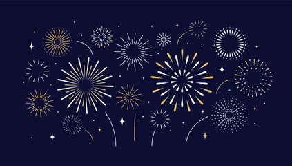 Firework background. Happy New Year golden festive fireworks burst on dark night sky for Birthday celebration greeting cards, event invites, holiday decor. Elegant minimal flat vector illustration