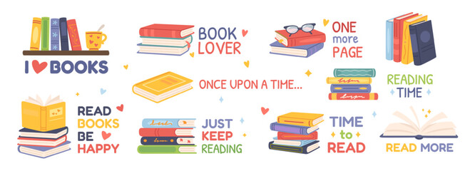 Book reading quote. Cartoon book stacks with inspirational reading phrases Read More, Book Lover, Time to Read for posters, social media, stationery. Literary passion, nerd and library vector concept