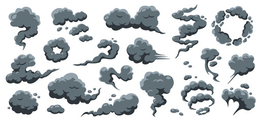 Explosive smoke cartoon clouds. Manga dark smoke puffs and swirling cloud. Bomb smoky explosions, dust and vapor steam for comic scene, fire blast effect and car exhaust. Vector isolated set