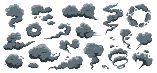 Fototapete Rund Cartoon Auto Explosive smoke cartoon clouds. Manga dark smoke puffs and swirling cloud. Bomb smoky explosions, dust and vapor steam for comic scene, fire blast effect and car exhaust. Vector isolated set  © Ukio.stock