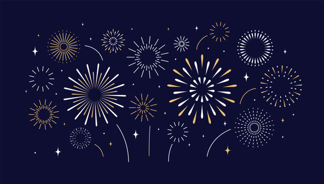 Firework background. Happy New Year golden festive fireworks burst on dark night sky for Birthday celebration greeting cards, event invites, holiday decor. Elegant minimal flat vector illustration