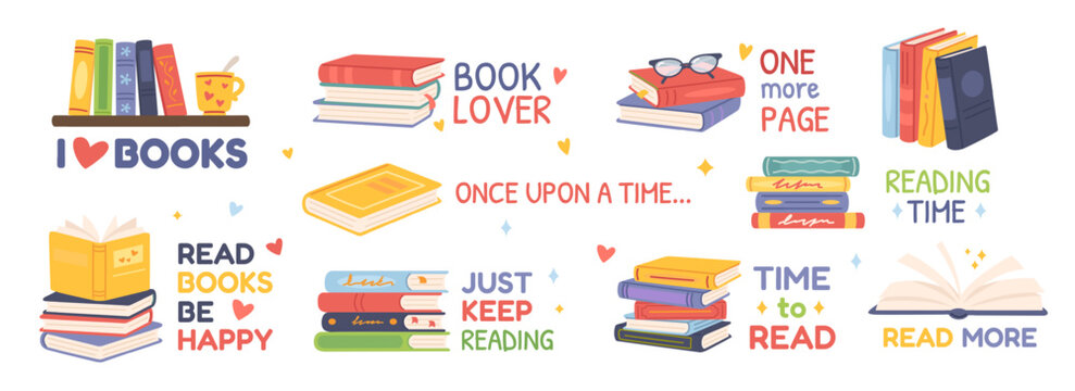 Book reading quote. Cartoon book stacks with inspirational reading phrases Read More, Book Lover, Time to Read for posters, social media, stationery. Literary passion, nerd and library vector concept