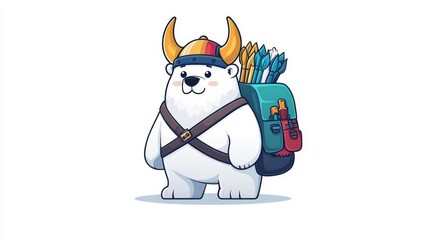 A playful cartoon bear in a viking helmet with a backpack full of archery supplies ready for adventure.