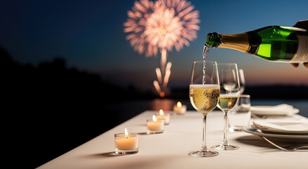 romantic dinner celebration with champagne and fireworks