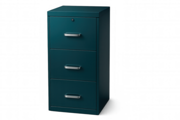 Teal metal filing cabinet with three drawers, lock and silver handles, isolated on transparent background, ideal for office organization