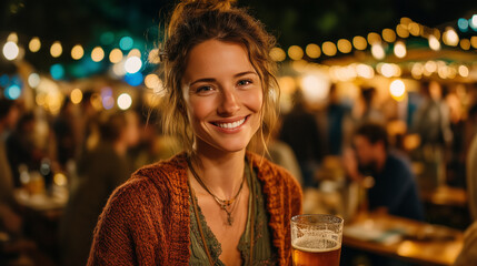 Young woman smiling while holding craft beer at outdoor festival  