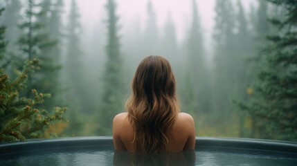 Woman relaxing in outdoor hot tub surrounded by foggy forest