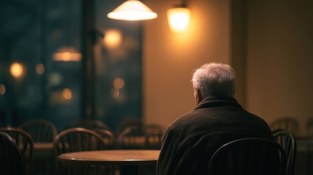 Back view of an elderly man sitting alone at a round table in a warm, softly lit cafe with an atmosphere of solitude.