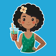 A black woman hold a boba drinks glass vector art 12