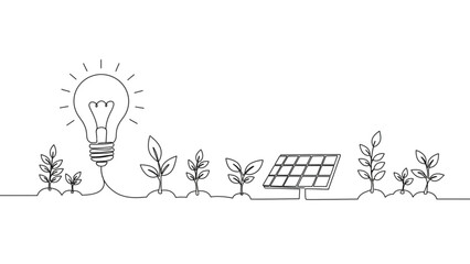 Green Energy Continuous Line Icon – Single Line Black and White Illustration of Light Bulb, Solar Panel, and Plants