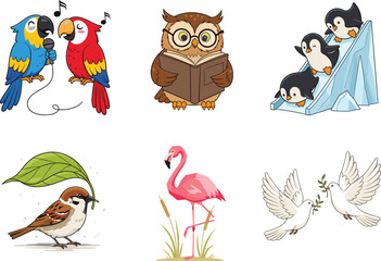 Birds, cartoon, cute, happy, smiling, parrot, owl, penguin, sparrow, flamingo, dove, kids, fun, playful, character, illustration, nature, colorful, flying