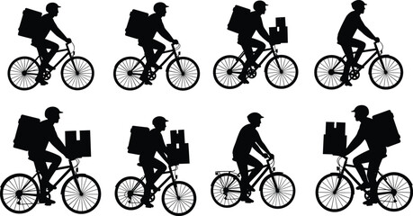 Silhouette, delivery, cyclists, riding, bicycles, carrying, boxes, bags, courier, service, helmet, transportation, shipping, urban, logistics, express, parcel, messenger, cargo, 