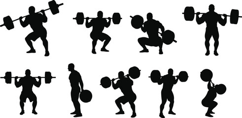 Silhouette, weightlifting, athletes, lifting, barbells, gym, fitness, training, workout, bodybuilding, squat, deadlift, press, strength, exercise, muscular, sport, powerlifting, competition