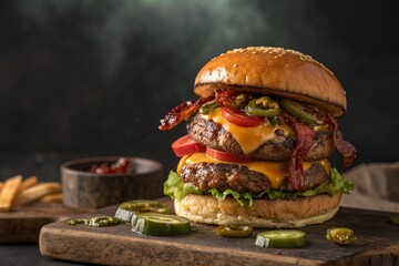 Deliciously stacked double cheeseburger with bacon and jalapenos on a wooden board isolated on white background isolated on transparent background silhouette