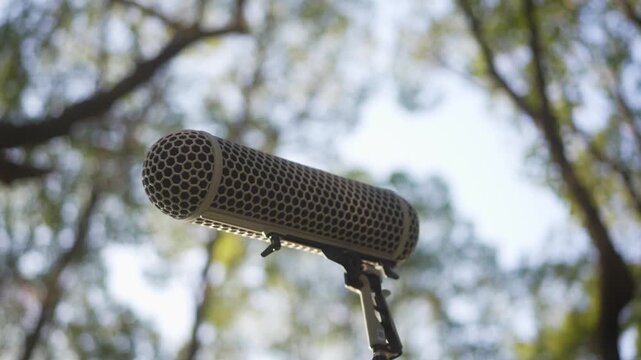 Professional microphone with metal grille and windscreen in outdoor forest background with blurred bokeh