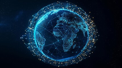 A digital representation of Earth showcasing global connectivity through a network of glowing lines and nodes.