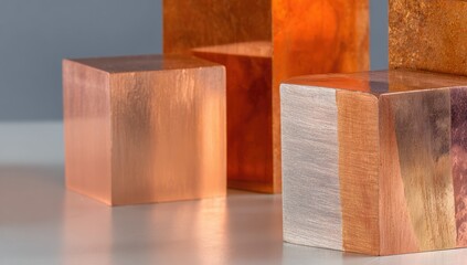 Stacked metal cubes display a variety of warm copper, orange, and gray tones, creating an abstract and modern display.
