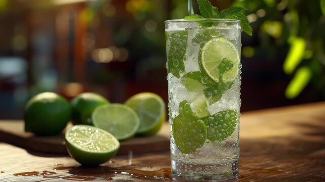 Tall glass of refreshing mojito cocktail with lime slices, mint leaves, and ice cubes on a wooden table in sunlight.