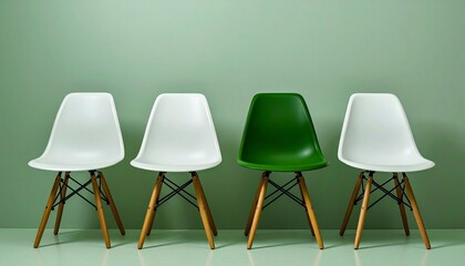 Row of four modern chairs with wooden legs and black supports against light green wall, three white and one standout green chair for visual contrast.