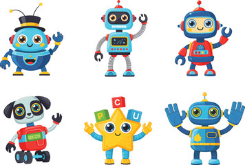 Cute cartoon robots collection, futuristic robot characters, kids educational AI toy illustrations, colorful sci-fi android vector set.