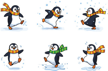 Cute cartoon penguins wearing scarves playing on ice, playful winter animal illustration set for kids, snow, holiday, and festive themes