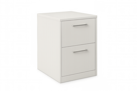 White filing cabinet with two drawers and metal handles isolated on transparent background, ideal for office organization