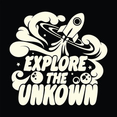 Retro Space Exploration T-Shirt Design Featuring a Rocket and Planetary Motifs