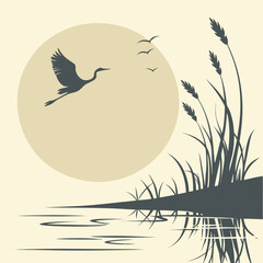 Naklejka premium Serene heron flight over calm water reflecting a luminous sun icon vector illustration
