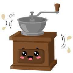 Cute smiling happy coffee grinder. Design element perfect for cafe menu, coffee shop patches. Isolated on white background. Coffee grinder character concept