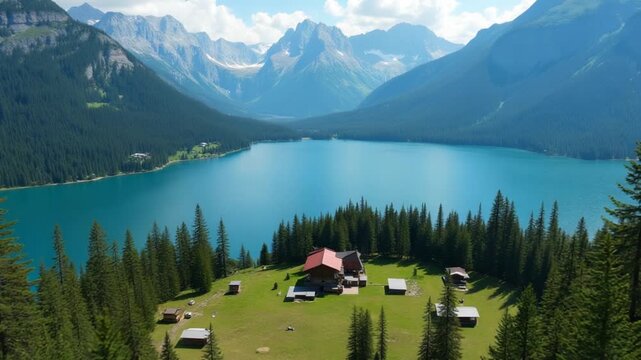 Splendid nature scenery of thick pine tree forest. Private houses situated among the trees. Blue lake surrounded
