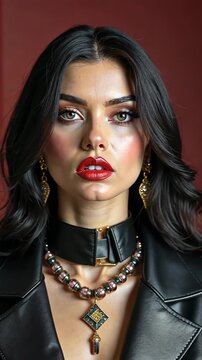 A cheeky woman in leather, a gothic business style for an imperious character. Lady in jewelry, black clothes on a slender girl. Straight open look into the camera, dangerous woman.