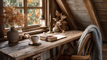 Fall & Autumn : Cozy wooden desk with tea, books, and rustic decor near a window.