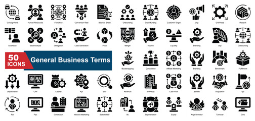 A collection of General Business icons. Includes revenue, crm, segmentation, inventory, pivot, roi, and more. Suitable for reports, infographics, and web use.