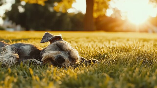 Puppy Sleeps Peacefully in Grass Sunlight Enjoying Nature