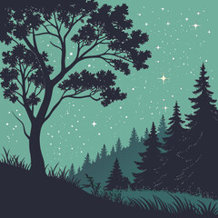 Fototapeta premium Serene starry night forest silhouette vector illustration with majestic trees