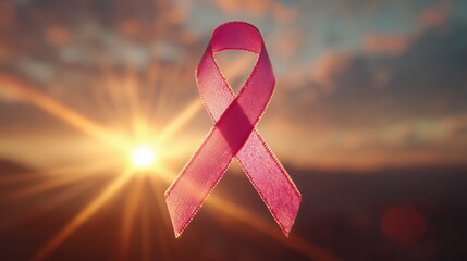 Pink ribbon for breast cancer awareness on a sunset background, symbolizing support, hope, and the fight against the disease during awareness month