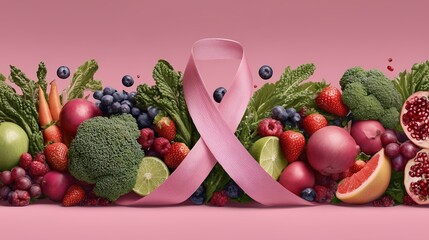 Breast cancer awareness ribbon amidst a colorful array of fruits and vegetables on a pink background, promoting healthy eating habits