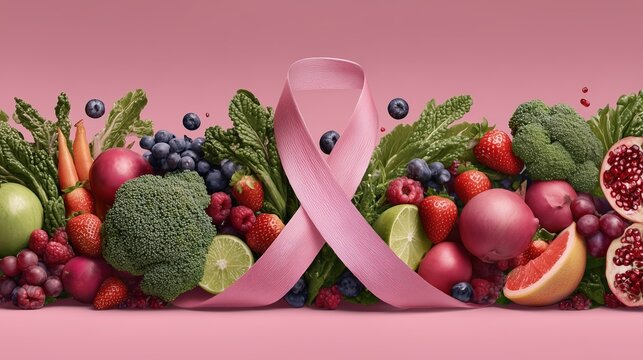 Breast cancer awareness ribbon amidst a colorful array of fruits and vegetables on a pink background, promoting healthy eating habits - Powered by Adobe