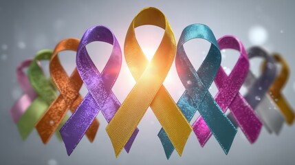 A vibrant array of awareness ribbons, each representing a different cause, stands united against a soft, bokehfilled backdrop, symbolizing hope and support