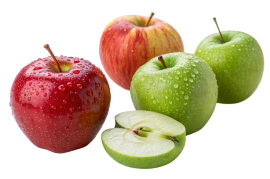 Vibrant fresh red and green apples with water droplets scattered artfully