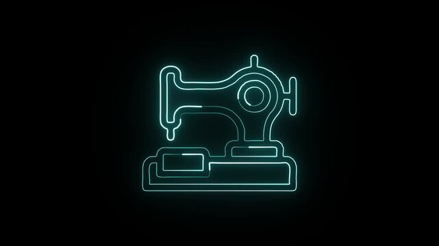 Glowing neon line sewing machine with thread animation. Sewing icon HD video isolated on black background.