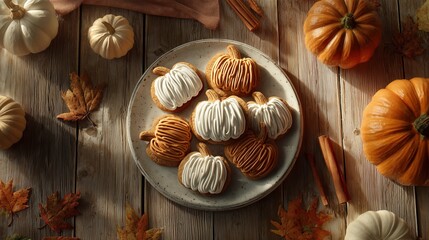 Pumpkinshaped cookies on a wooden table with autumn leaves, perfect for thanksgiving or halloween celebrations, creating a cozy and warm atmosphere