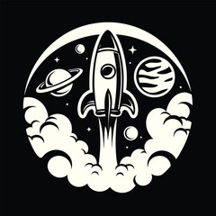 Monochrome Rocket Ship Launching into Space with Planets and Clouds Vector Design