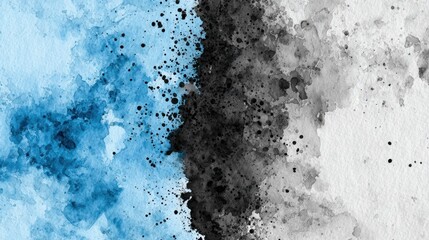 Vibrant splashes of blue and black create a striking abstract design with watercolor effects. The artwork showcases a unique blend of colors and textures.